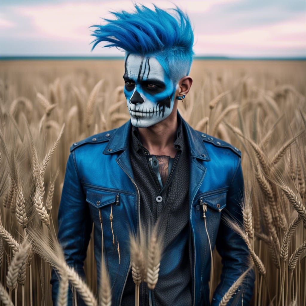 Blue-Haired Goth in Wheat Field: Cyberpunk Style