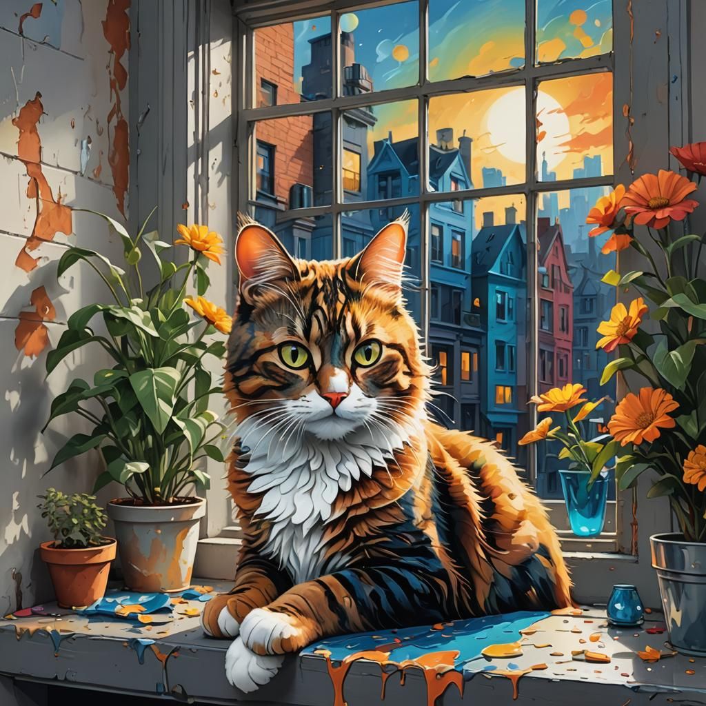 Surreal Cat in Window, Matte Painting Style