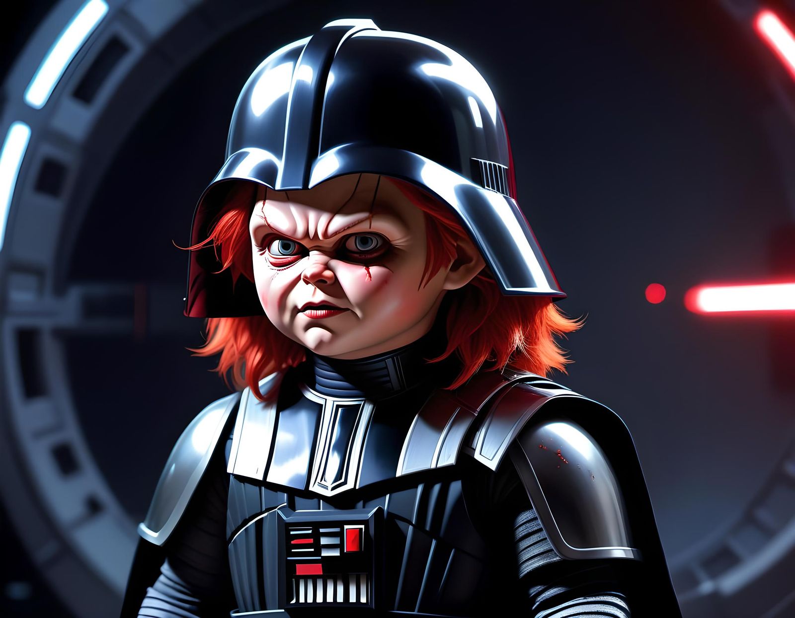 Chucky as Darth Vader on Death Star in Anime Style