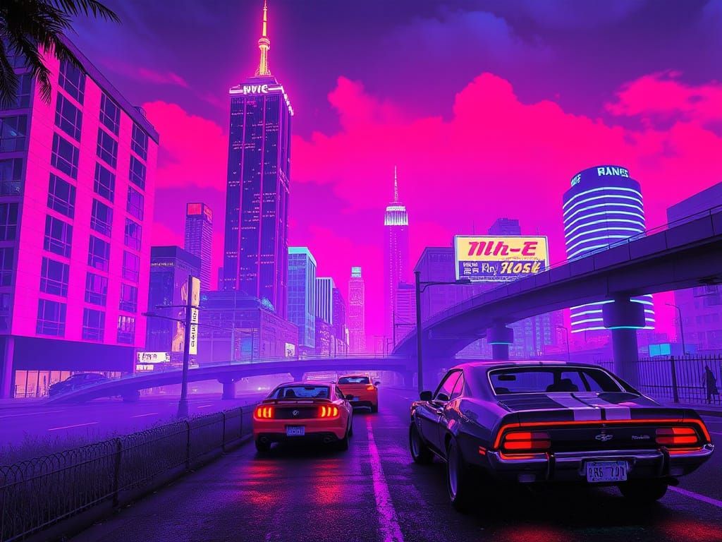Neon Cityscape at Dusk in Cyberpunk Style