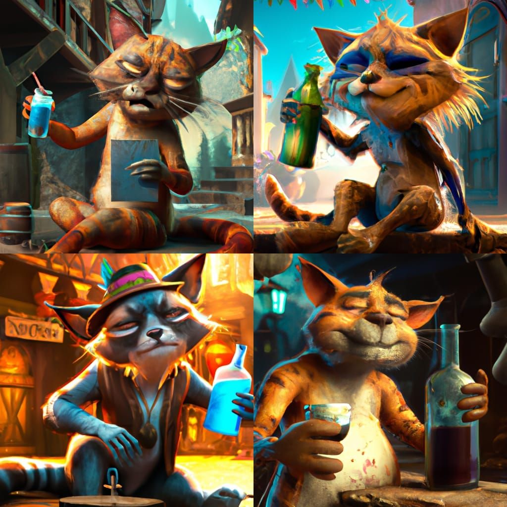 Drunk Cat Digital Painting in Detailed Matte Style