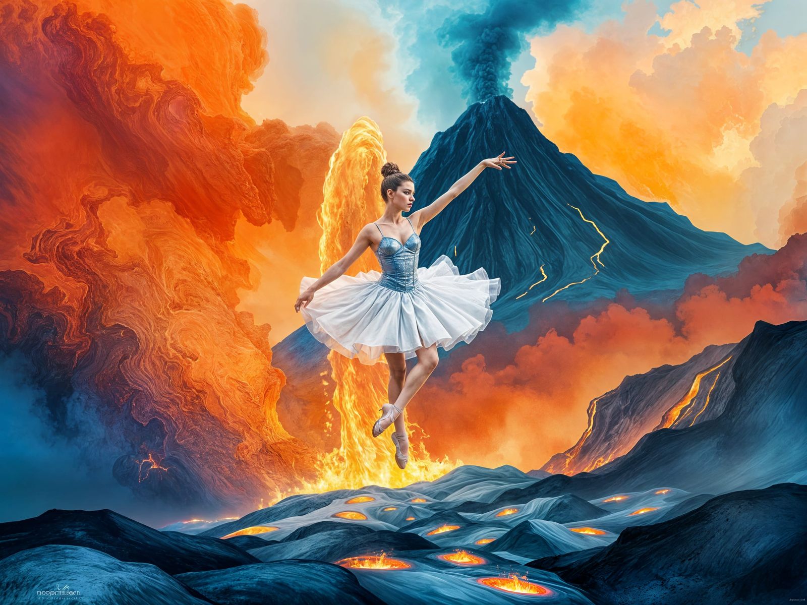 Ballerina's Volcanic Leap: A Surreal Watercolor