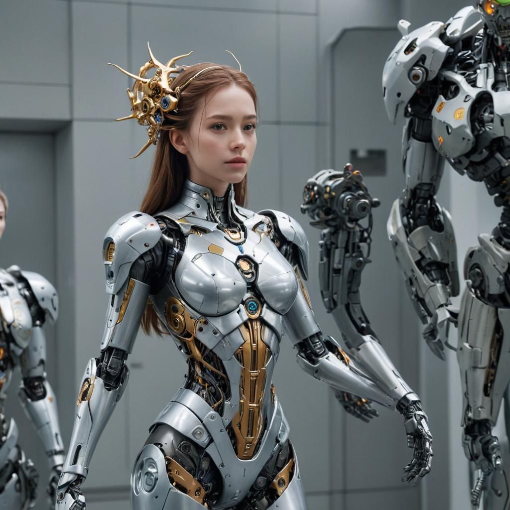 Cyborg Girl in Futuristic Lab: Hyperrealistic Biorobot Fusio...