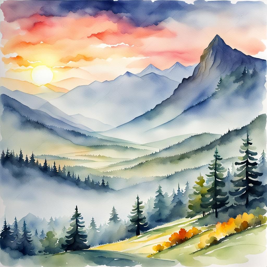 Watercolor Mountain Valley at Sunrise