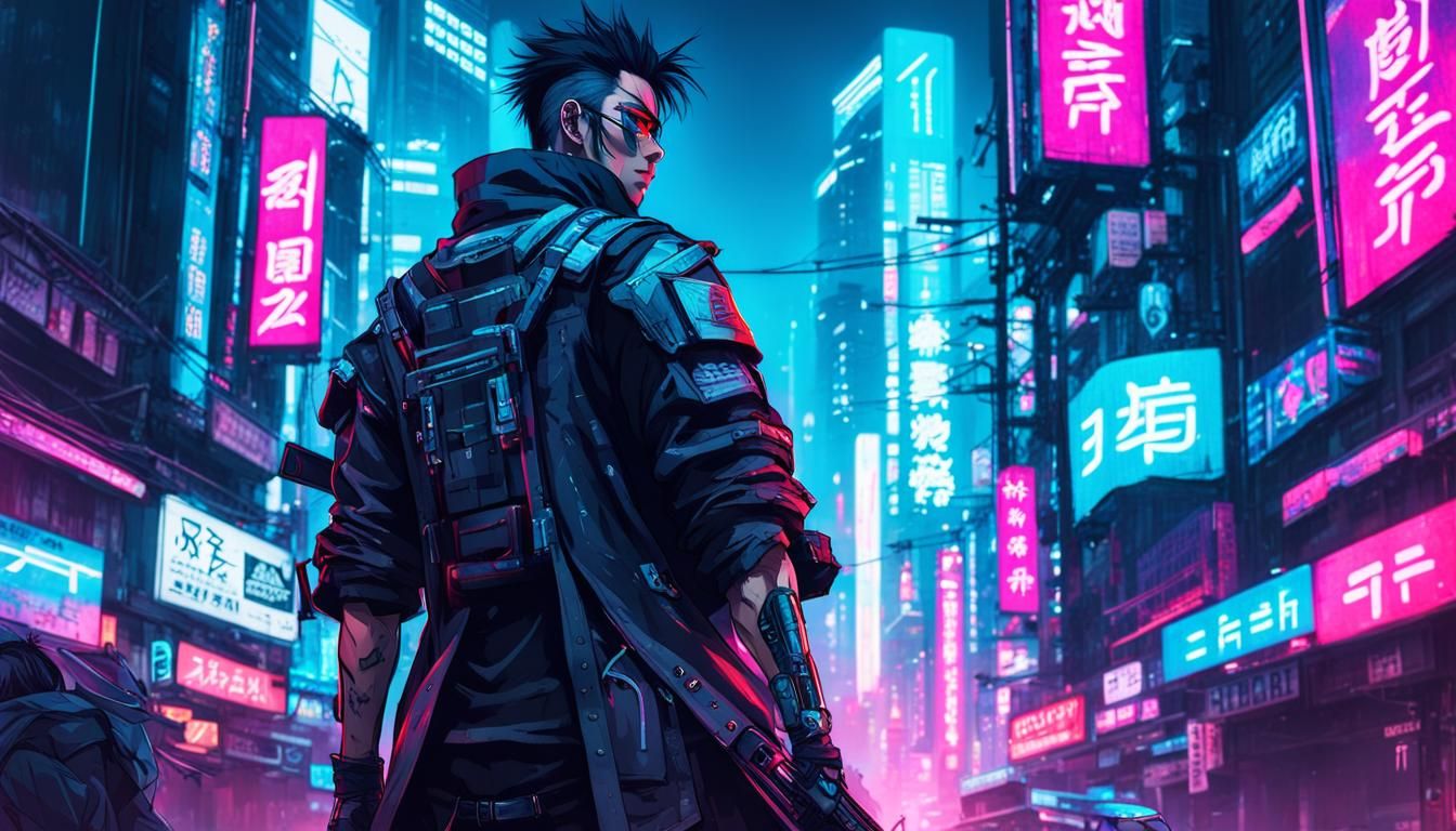 Cyberpunk Anime Man in Dystopian Cityscape