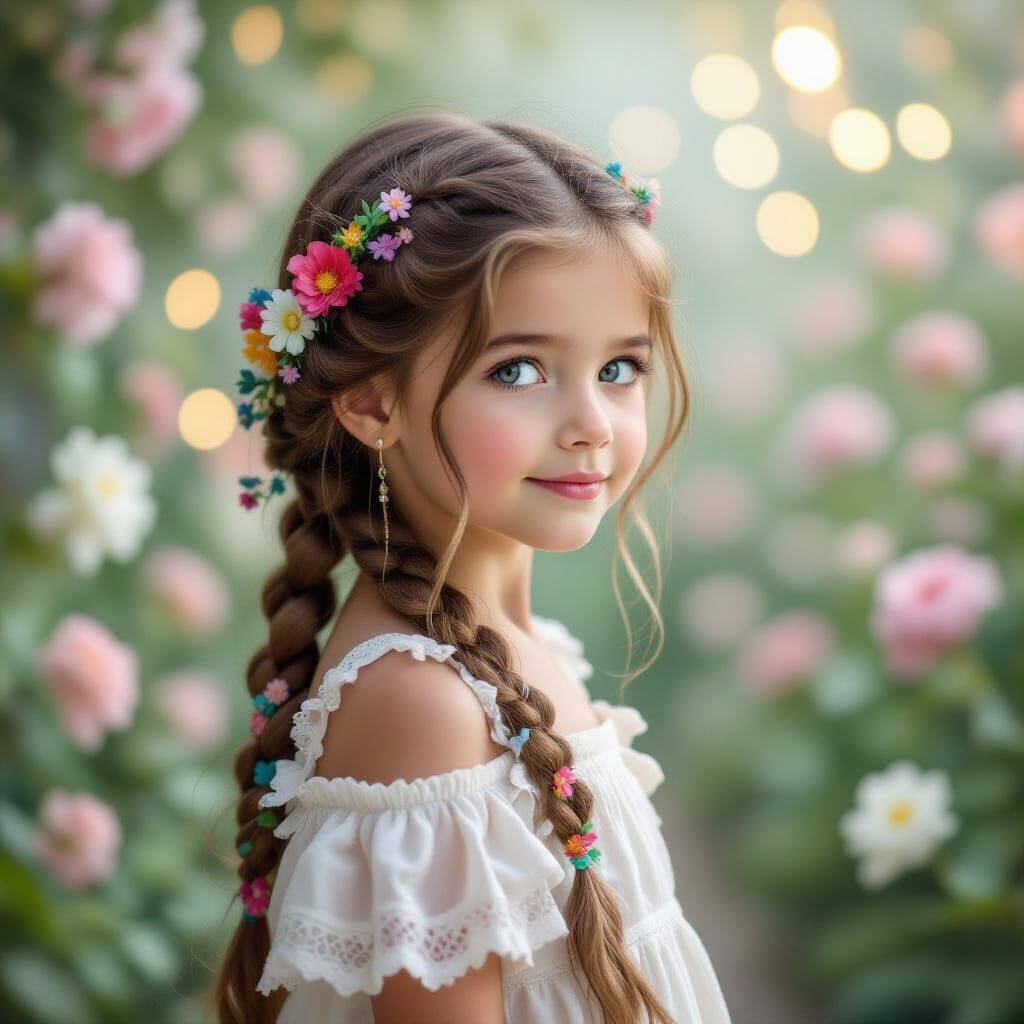 Girl with Braided Hair in Flower Garden