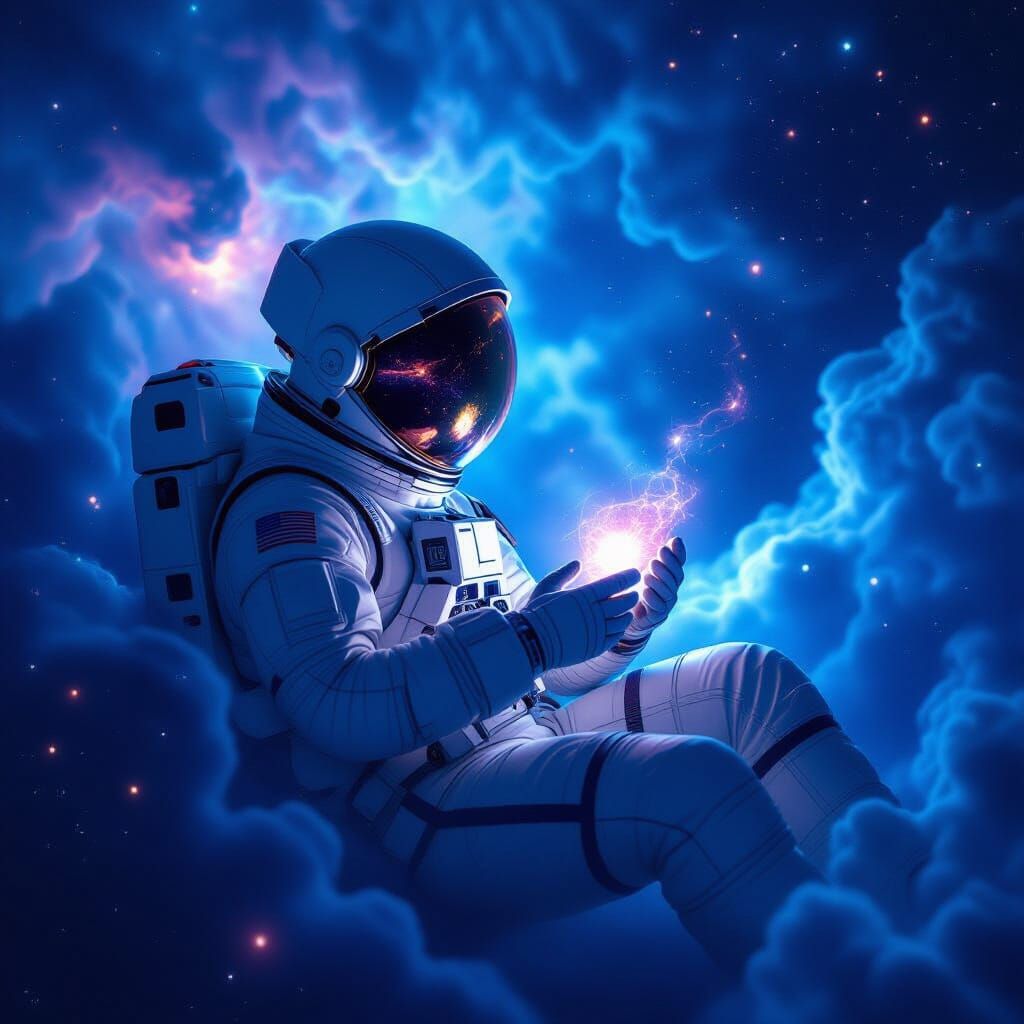 Astronaut Adrift in Cosmic Nebula Clutching Glowing Artifact