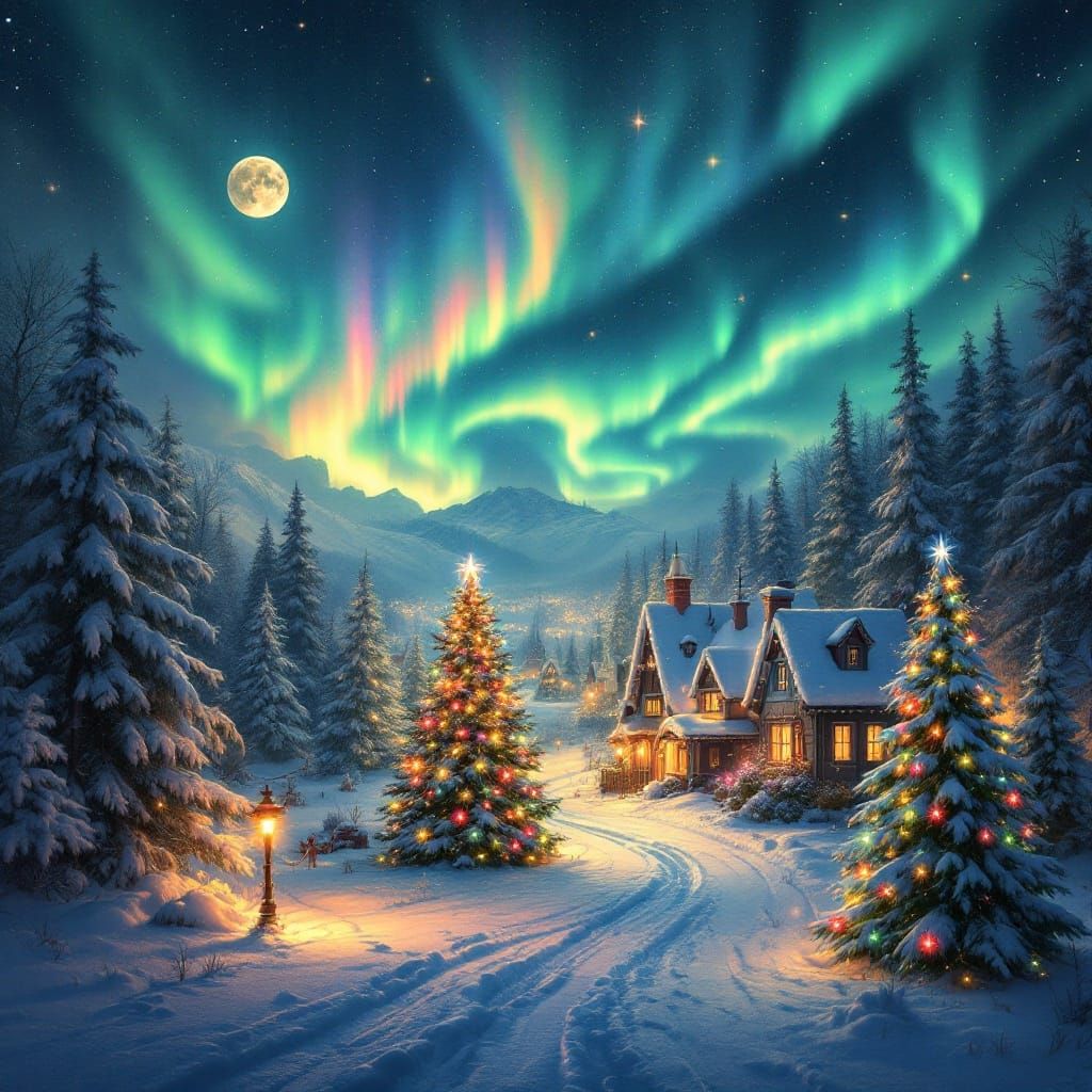 Christmas Village Eclipse Under Aurora Borealis