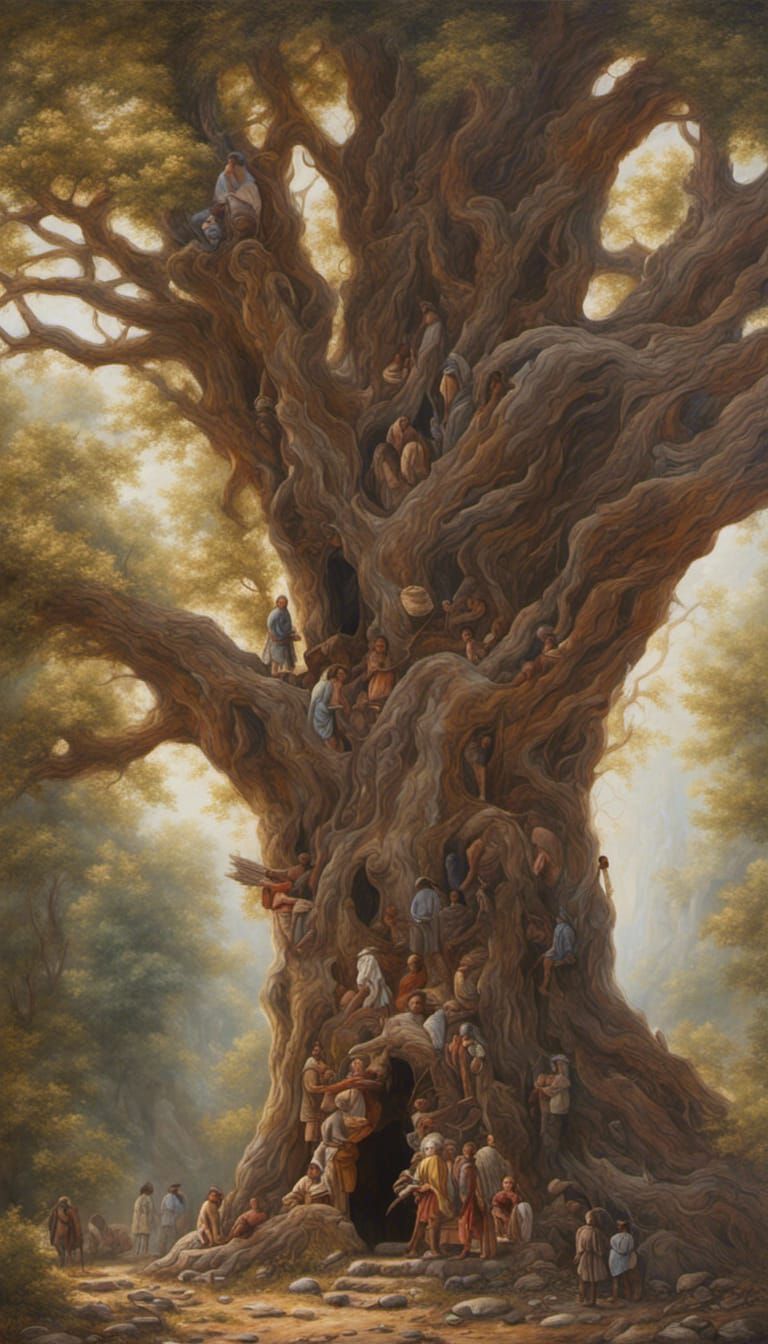 Native Americans in Hollow Sycamore Tree: Oil Painting