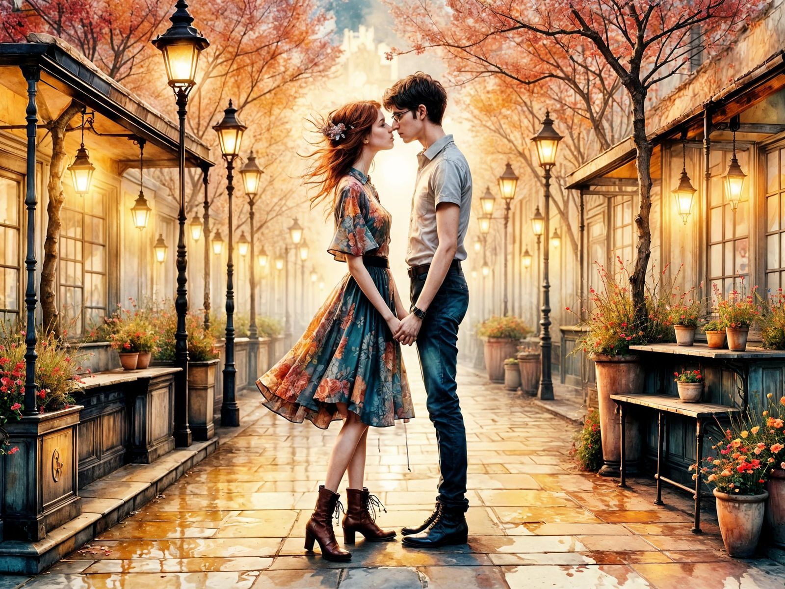 Romantic Summer Evening Couple in a Town Square