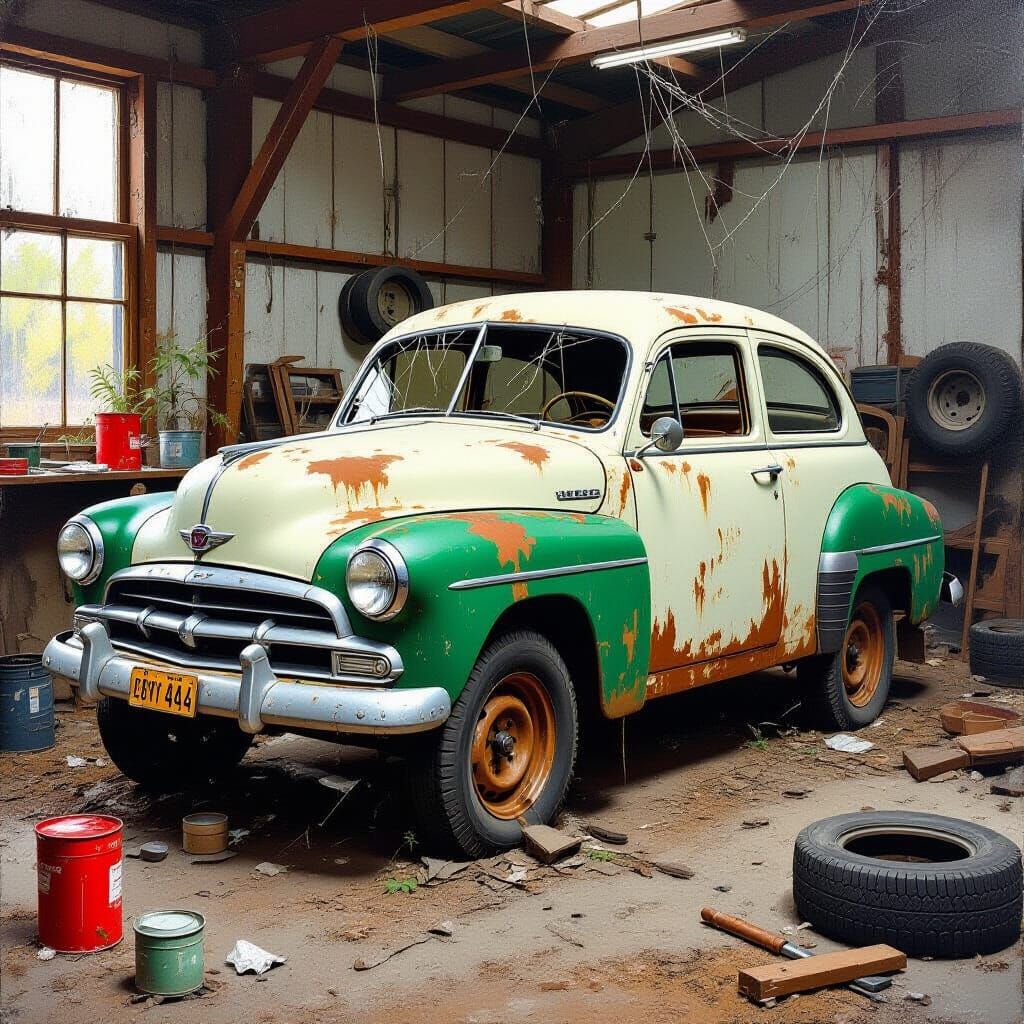 Abandoned Rusty Volvo PV 444 in Dusty Workshop