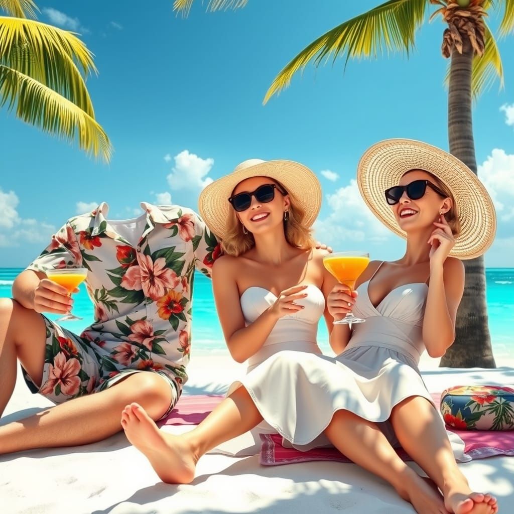 Vibrant Beach Vacation of Happy Couple, Hyper-Realistic Styl...