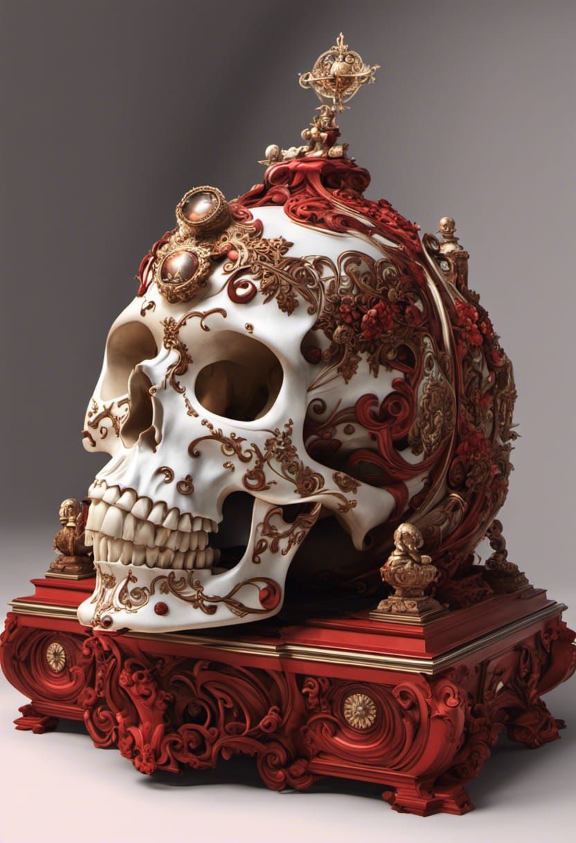 Red Baroque Skull in Surreal Mystic Museum
