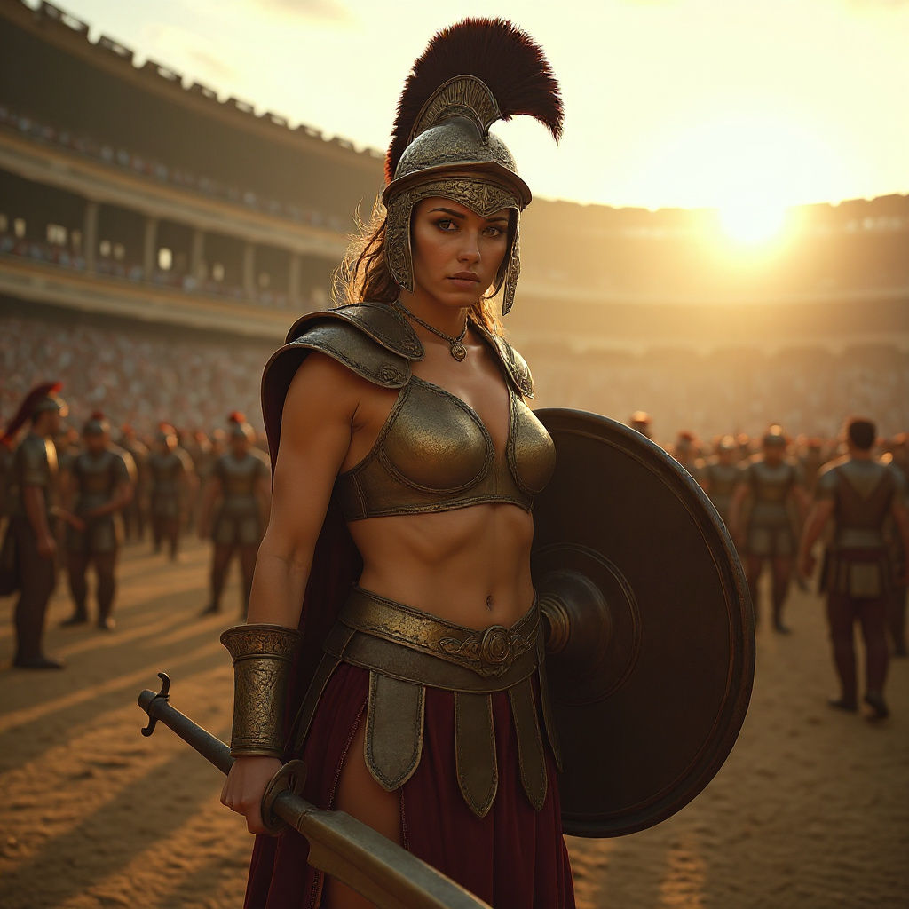 Female Gladiator in Arena with Dramatic Lighting