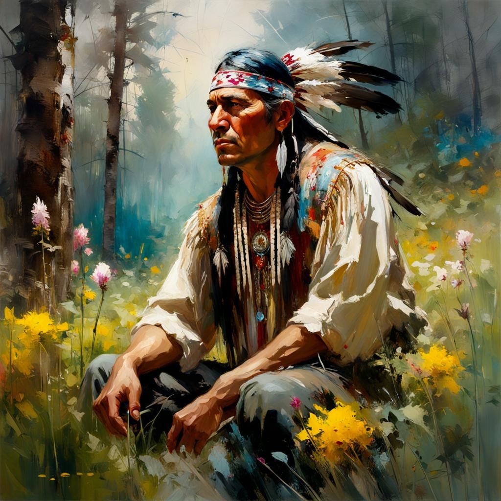 Native American Man in Spring Forest Painting