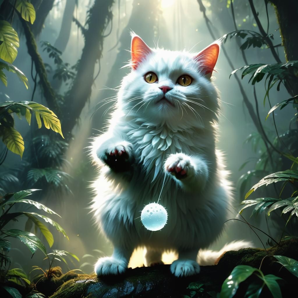 Fluffy Cat and Mouse in Rainforest, Digital Matte Painting