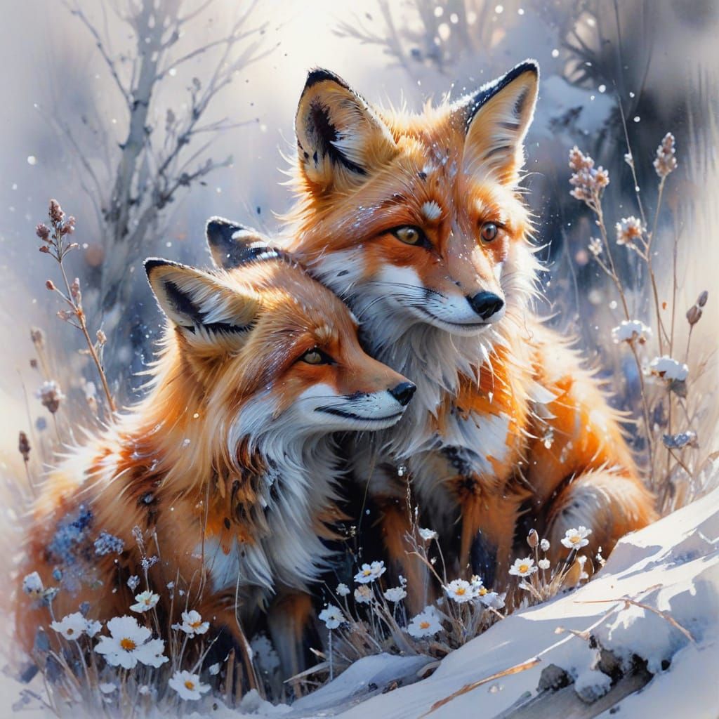 Two Foxes in Snowy Landscape, Painterly Realism