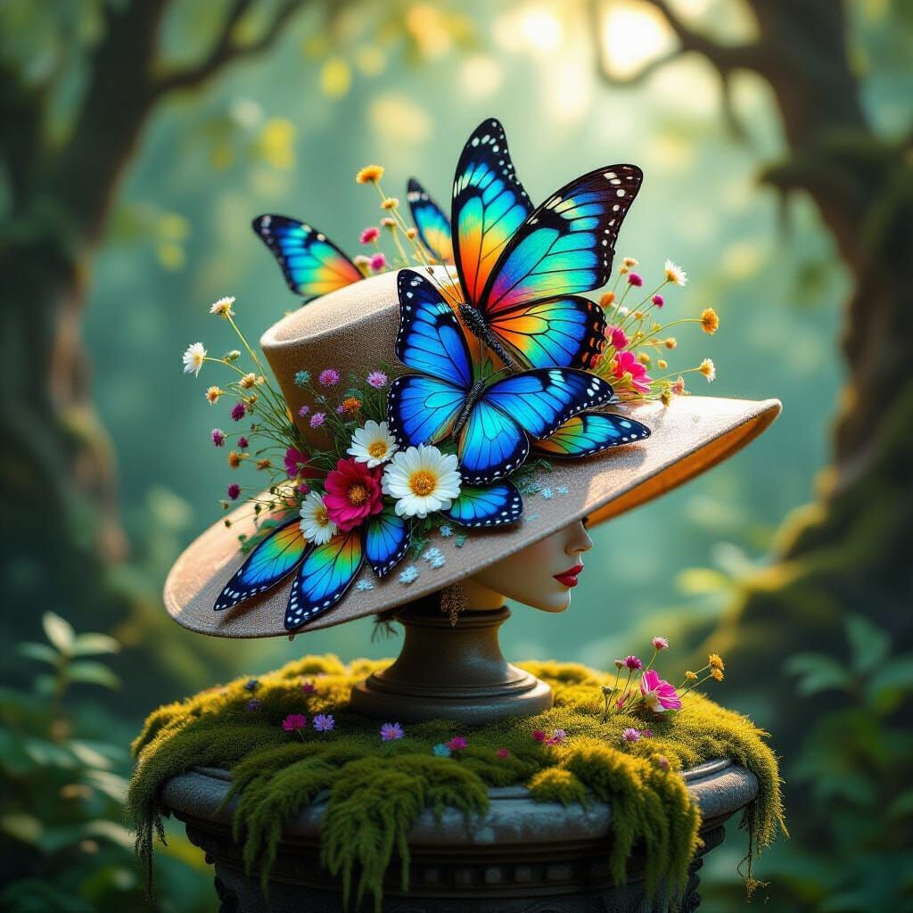 Ornate Hat Crafted From Butterfly Wings and Flowers
