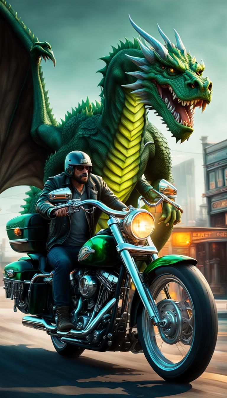 Green Dragon on Harley, Hyperrealistic Dark Fantasy Art