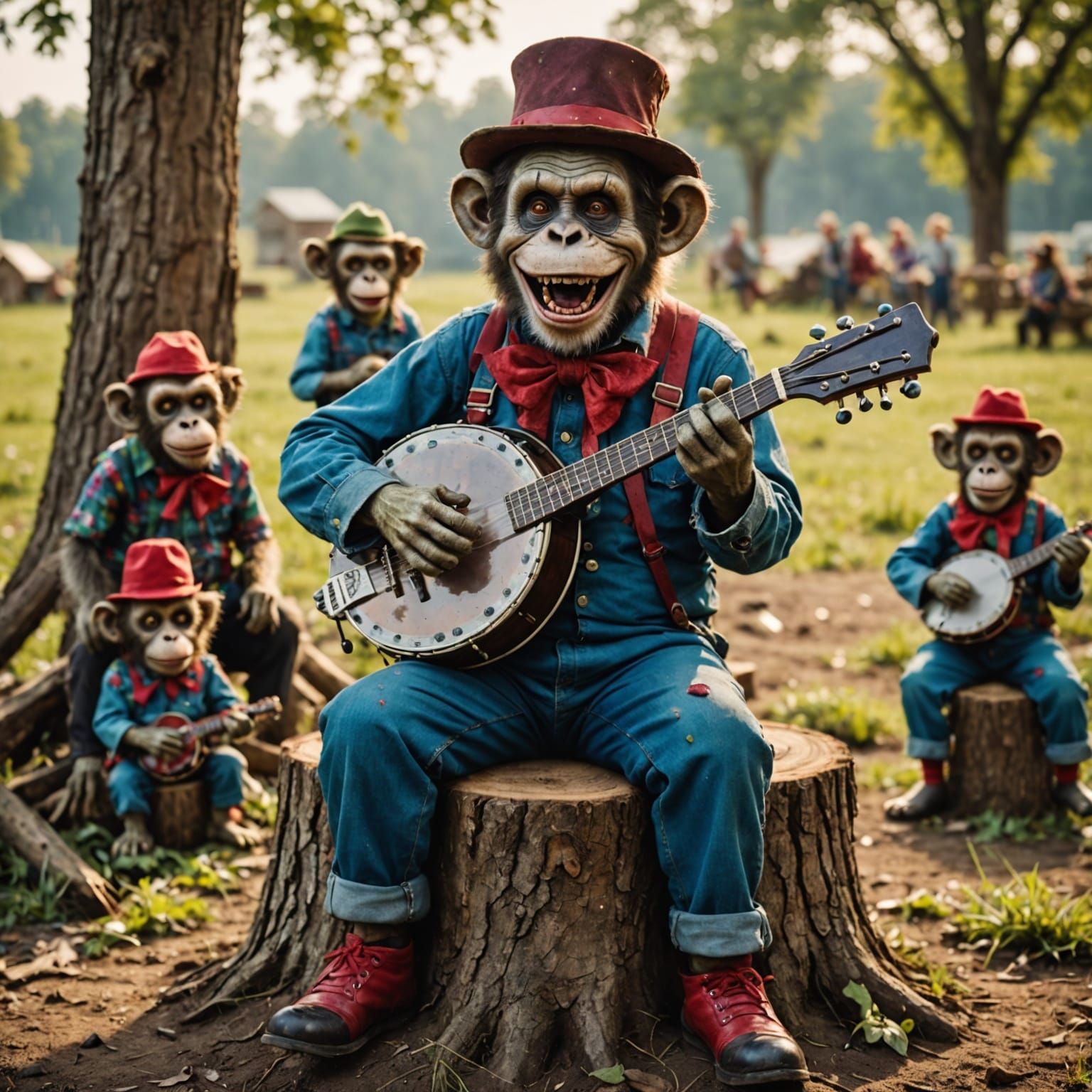 Surreal Rural Scene with Zombie Monkey Monster Clown Farmer