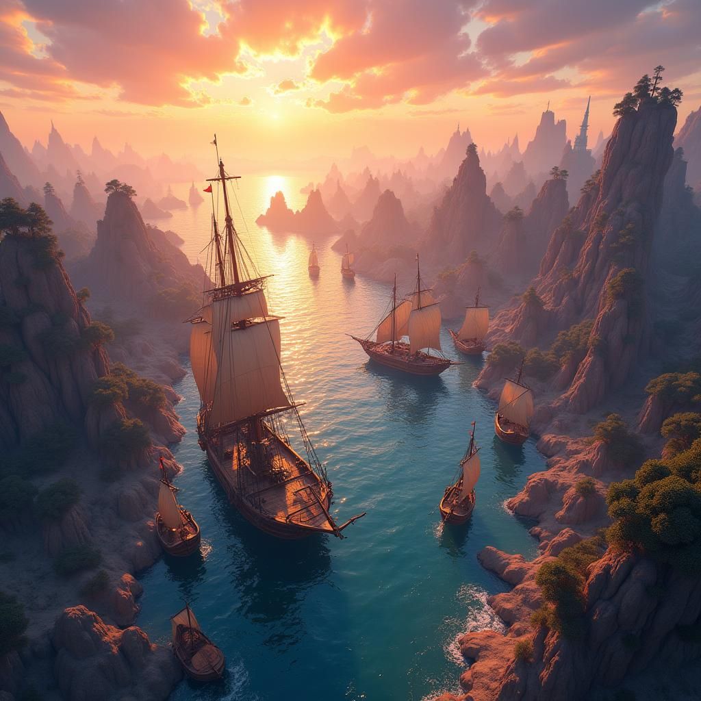 Fantasy Harbour Sunset: Drone View, Digital Matte Painting
