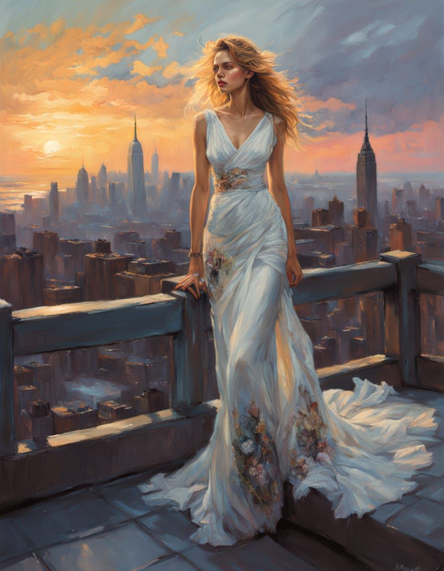 Elegant American Woman in Sunset Rooftop Pose, High Fashion ...