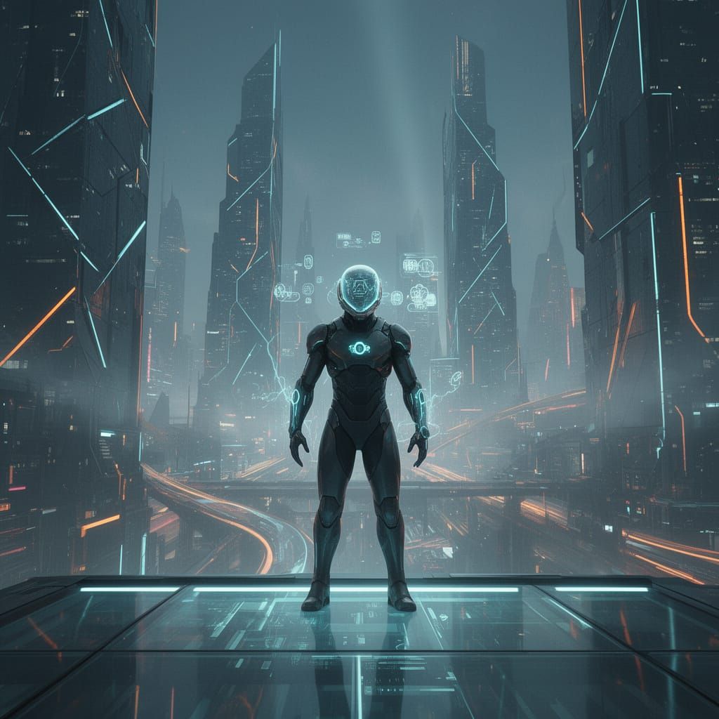 Futuristic Warrior in Neon Sci-Fi Cityscape