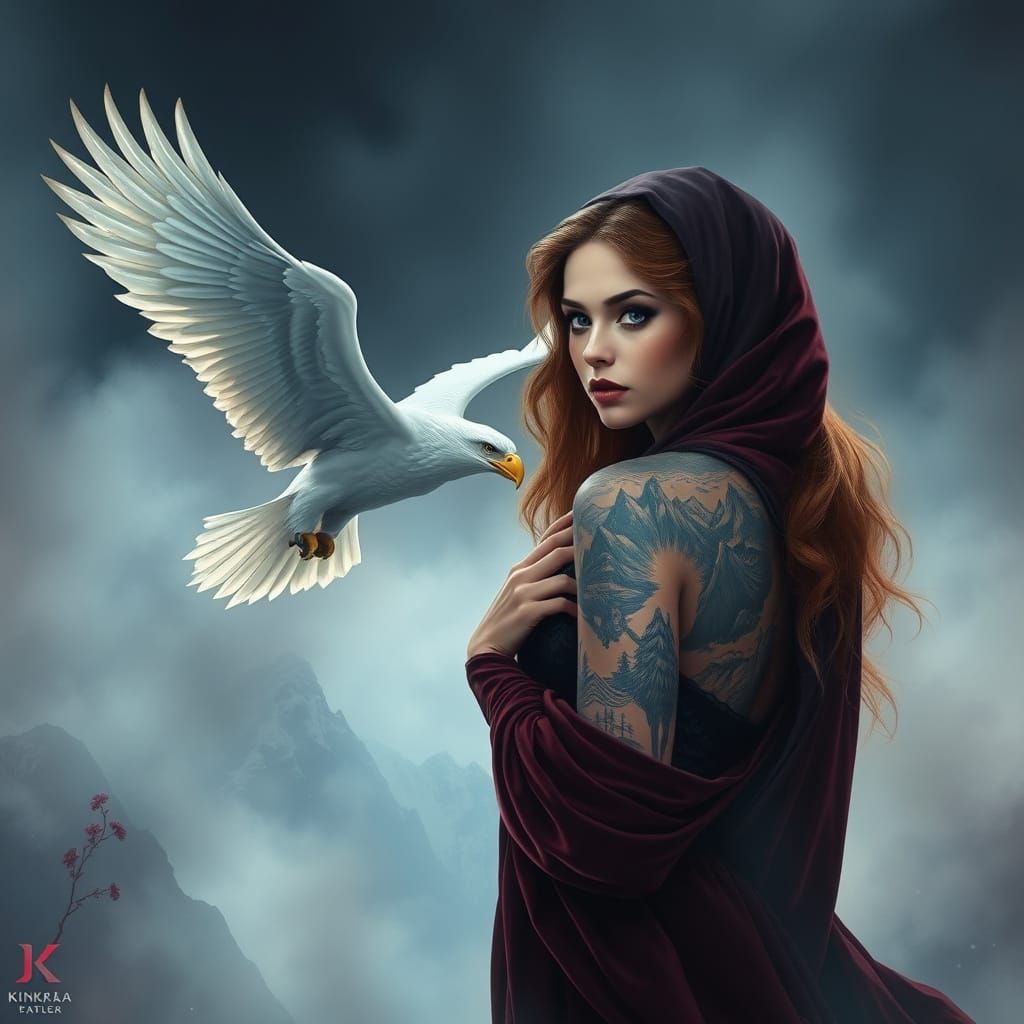 a mysterious woman in a dark fantasy world, with a mesmerizi...