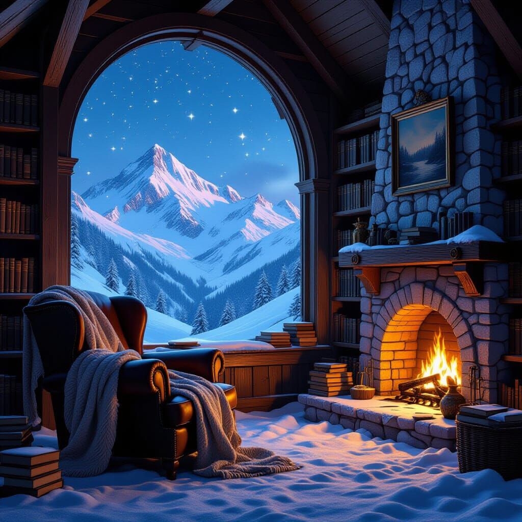 Cozy Mountain Reading Nook in Dark Fantasy Style