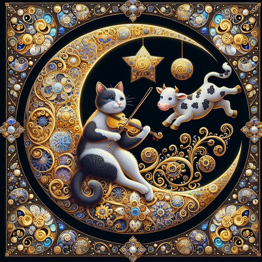 Whimsical Cat Plays Fiddle on Crescent Moon with Intricate F...