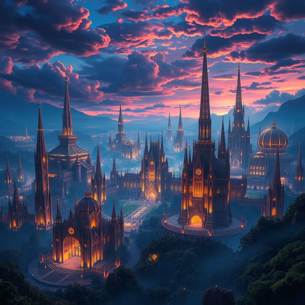 Surreal Futuristic Metropolis in Vibrant Deep Blue-Purple Hu...