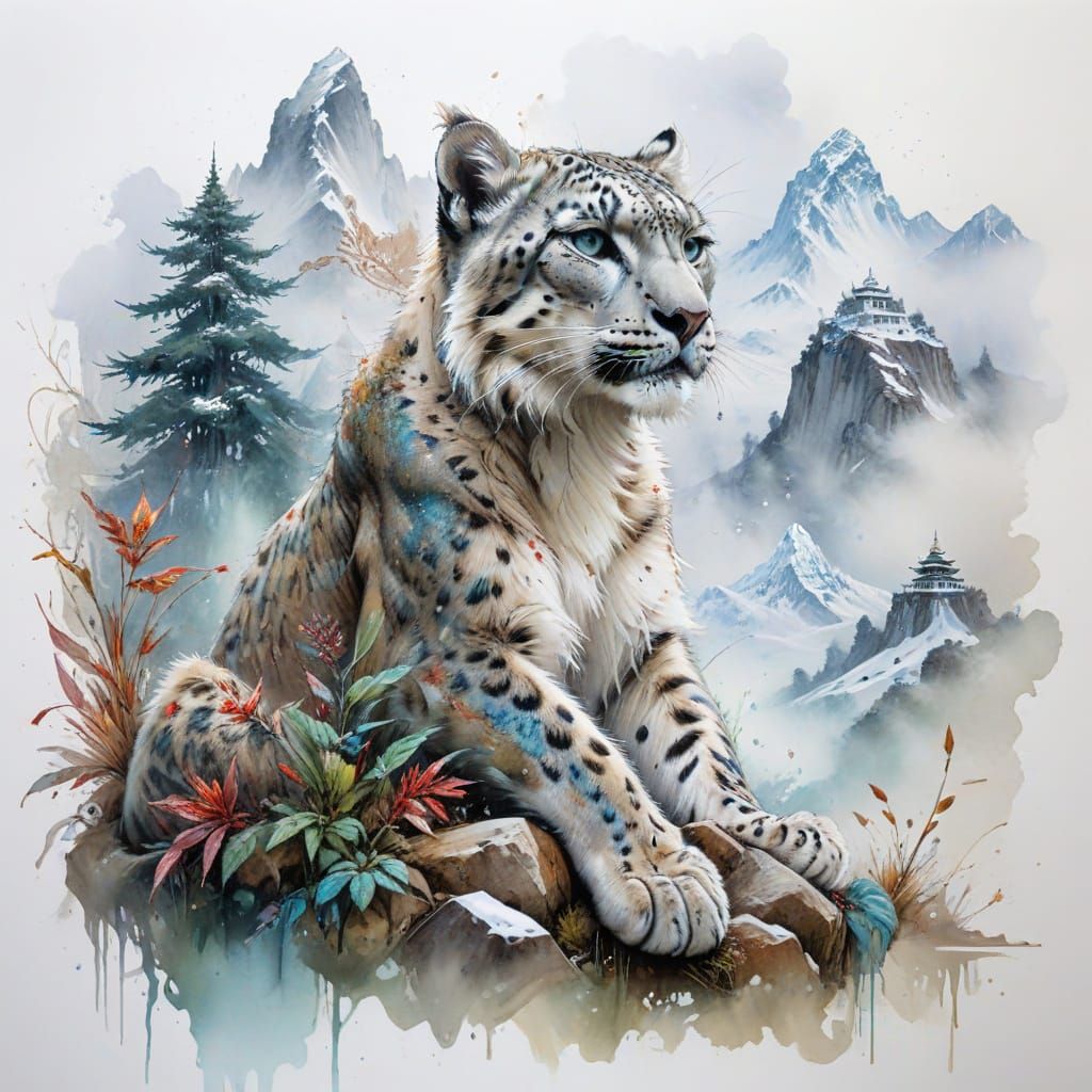 Himalayan Temple Oasis in Watercolour Style