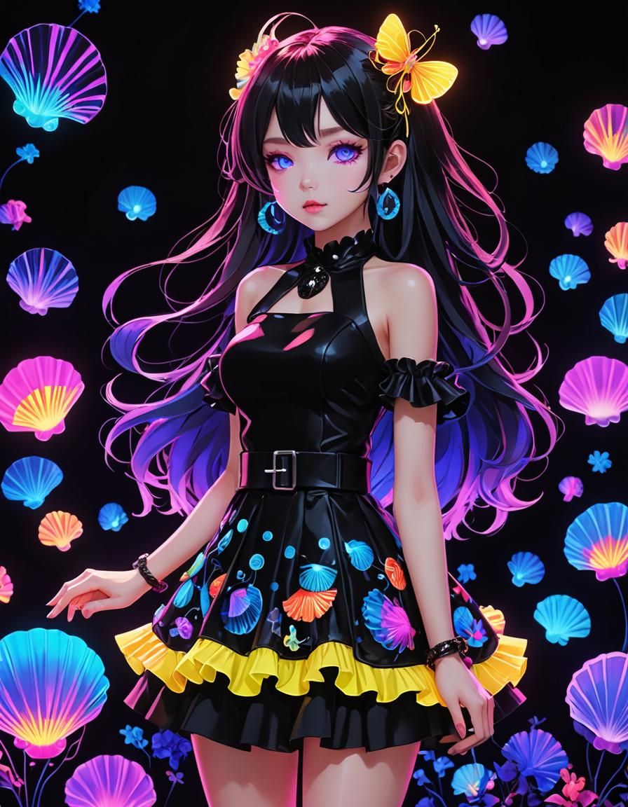 Neon Seashell Dress in Pastel Goth Anime Style
