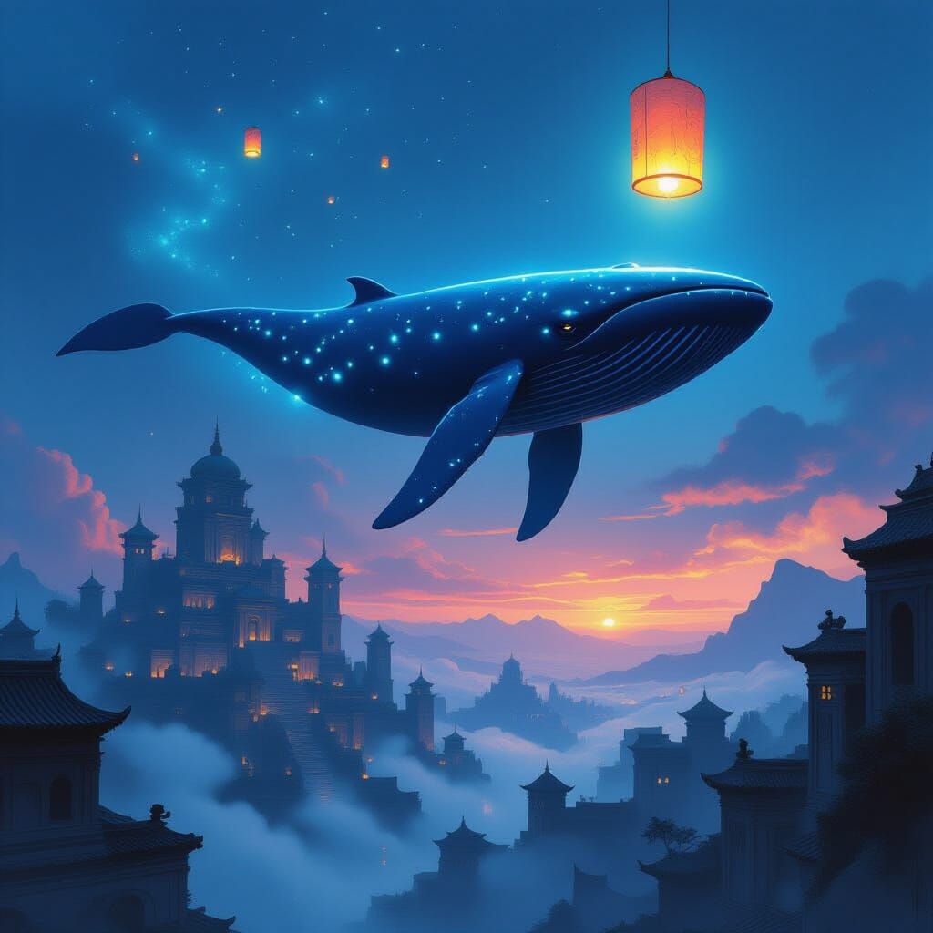 Sky Whale Over Ancient City in Ethereal Glow