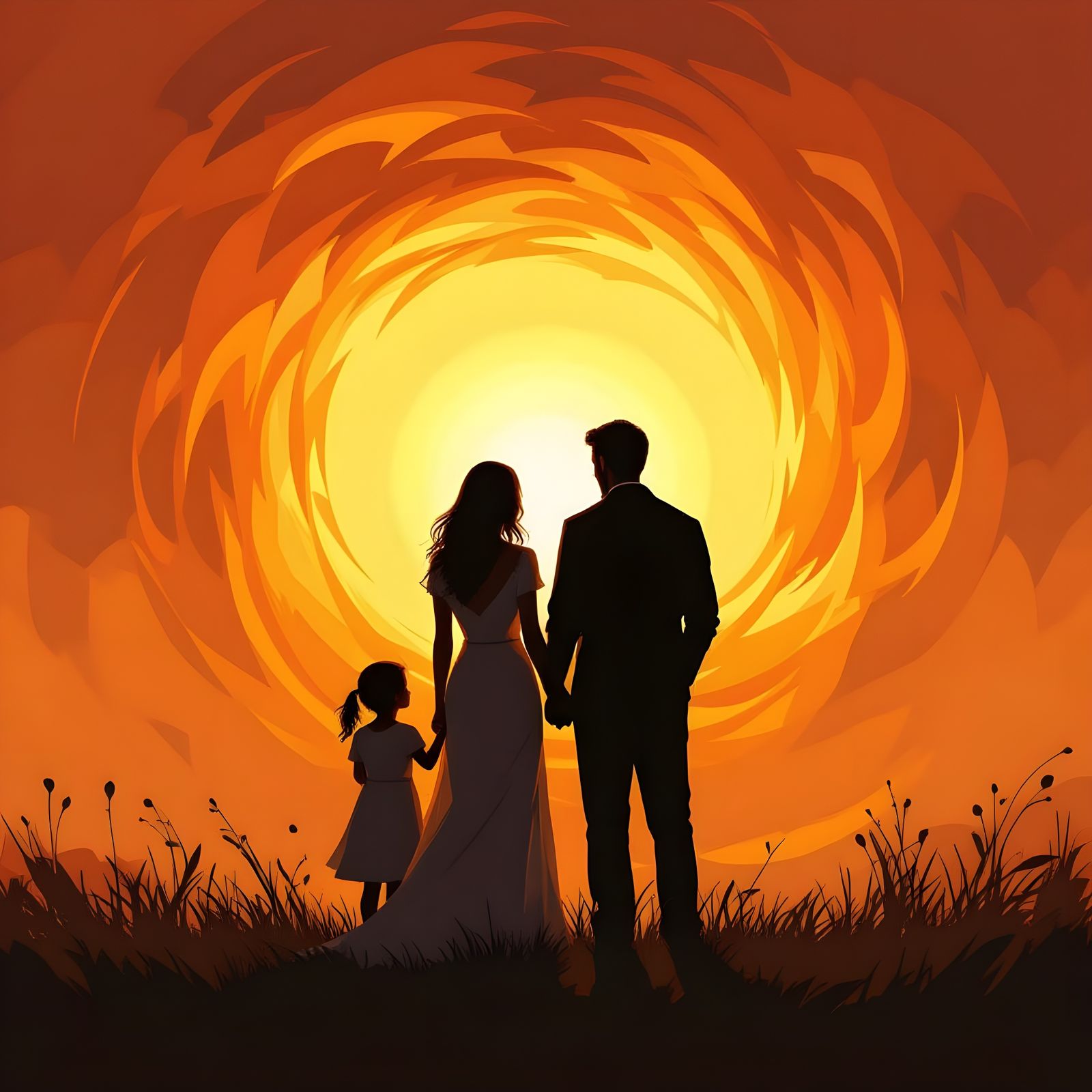 Family Silhouetted Against Protective Energy in Golden Hour