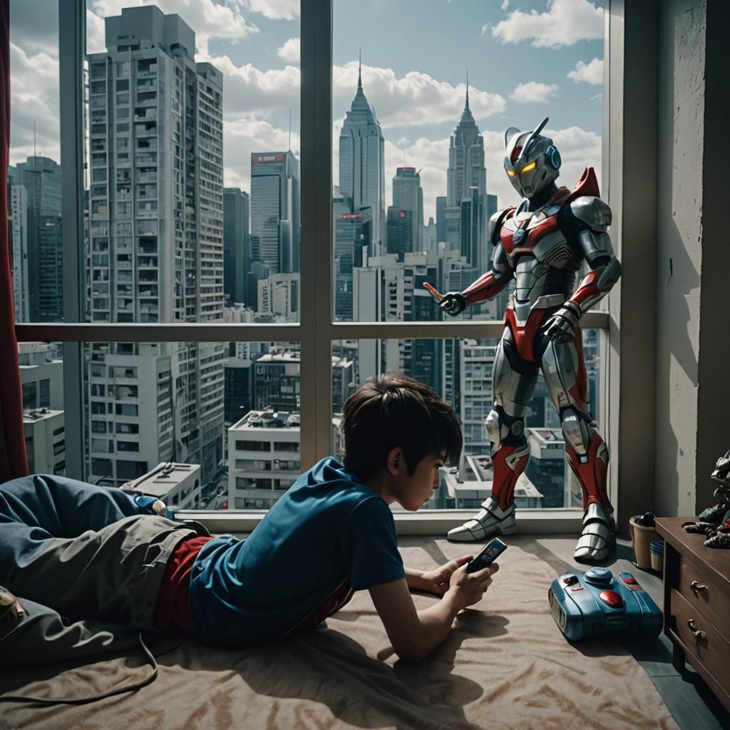 Ultraman Battle Outside Boy's Bedroom Window