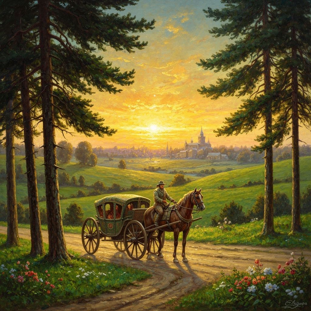 Medieval Horse Carriage in Golden Sunset Winter Landscape