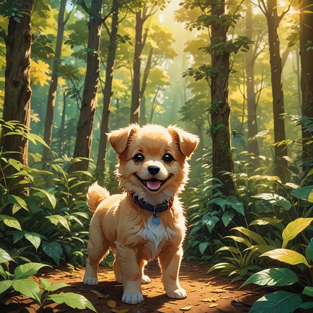 Smiling Puppy in Lush Forest, Anime Style