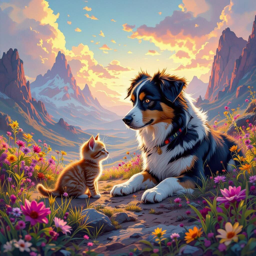 Dog Helps Kitten in Fantastical Digital Landscape