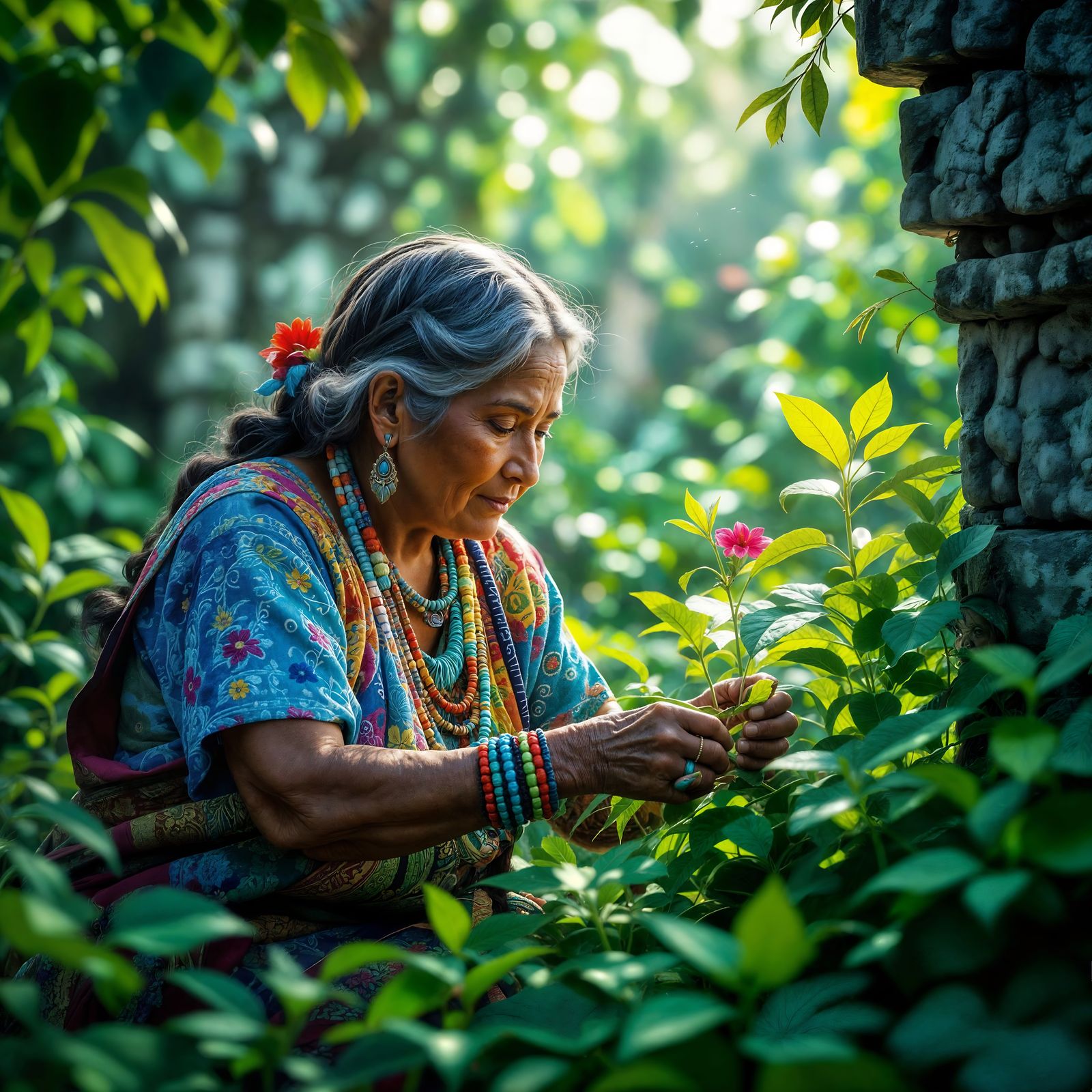 Mayan Woman in Overgrown Temple Garden, Digital Matte Painti...