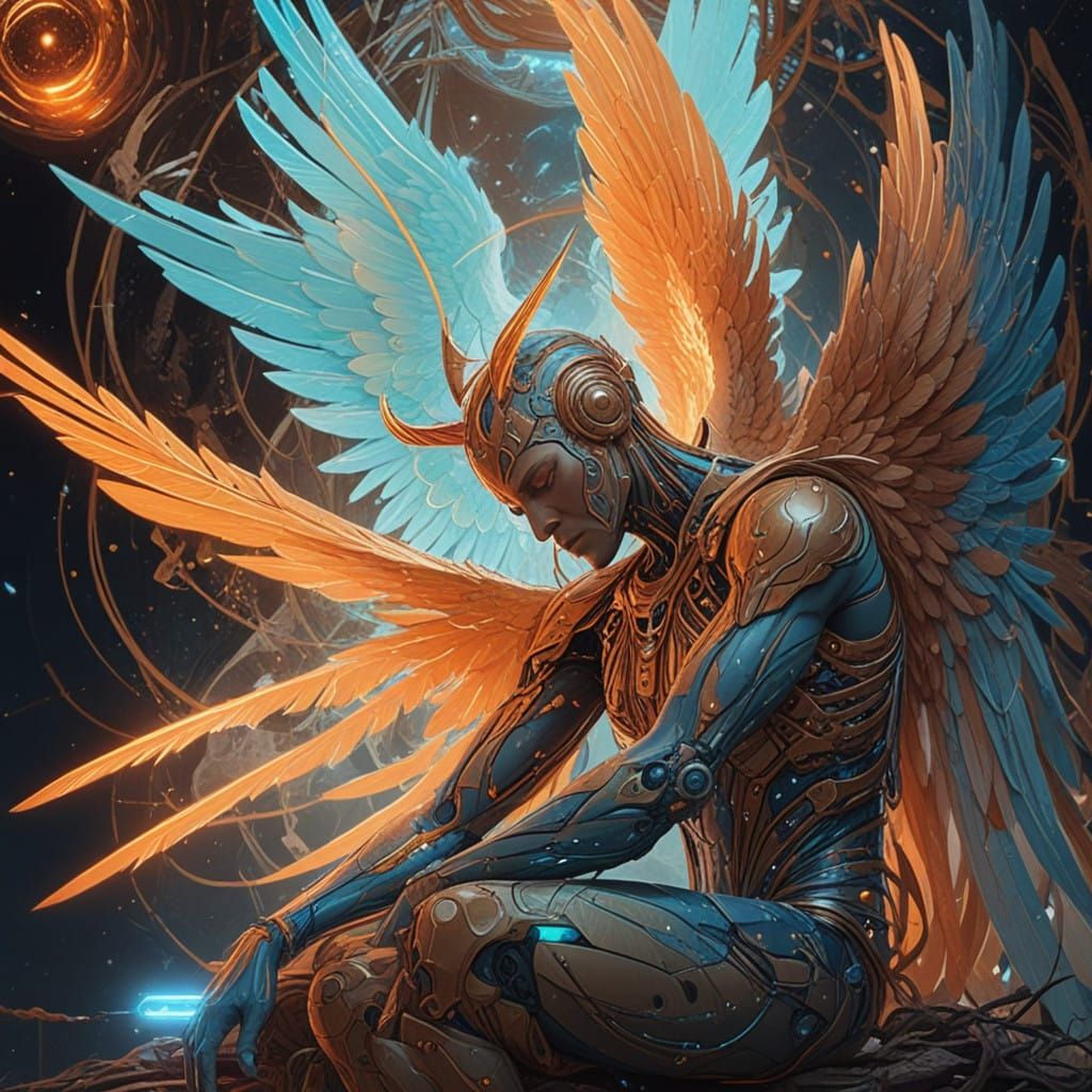 Cybernetic Angel with Neon Markings
