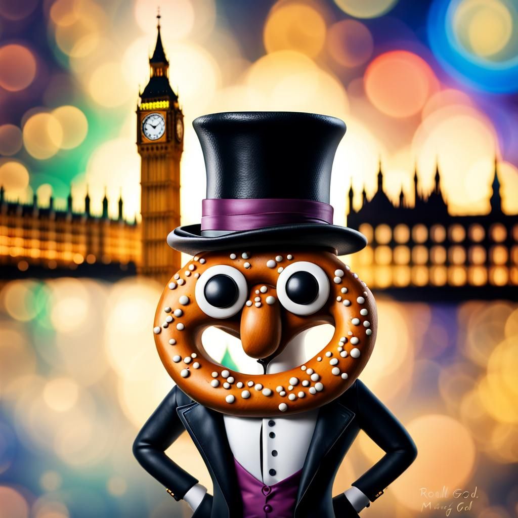 British Pretzel Gentleman with Big Ben in Splash Art Style