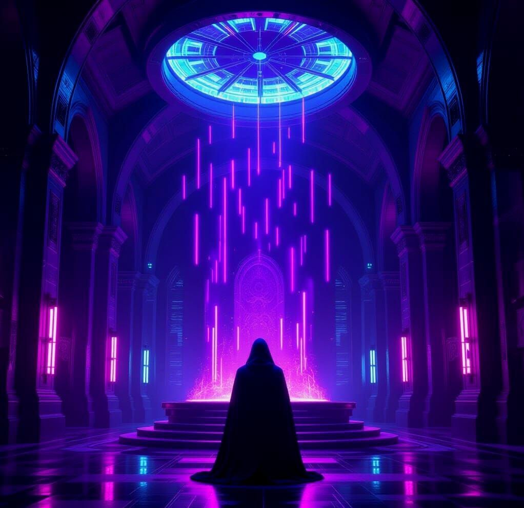 Cyberpunk Ritual Altar with Portal and Neon Church
