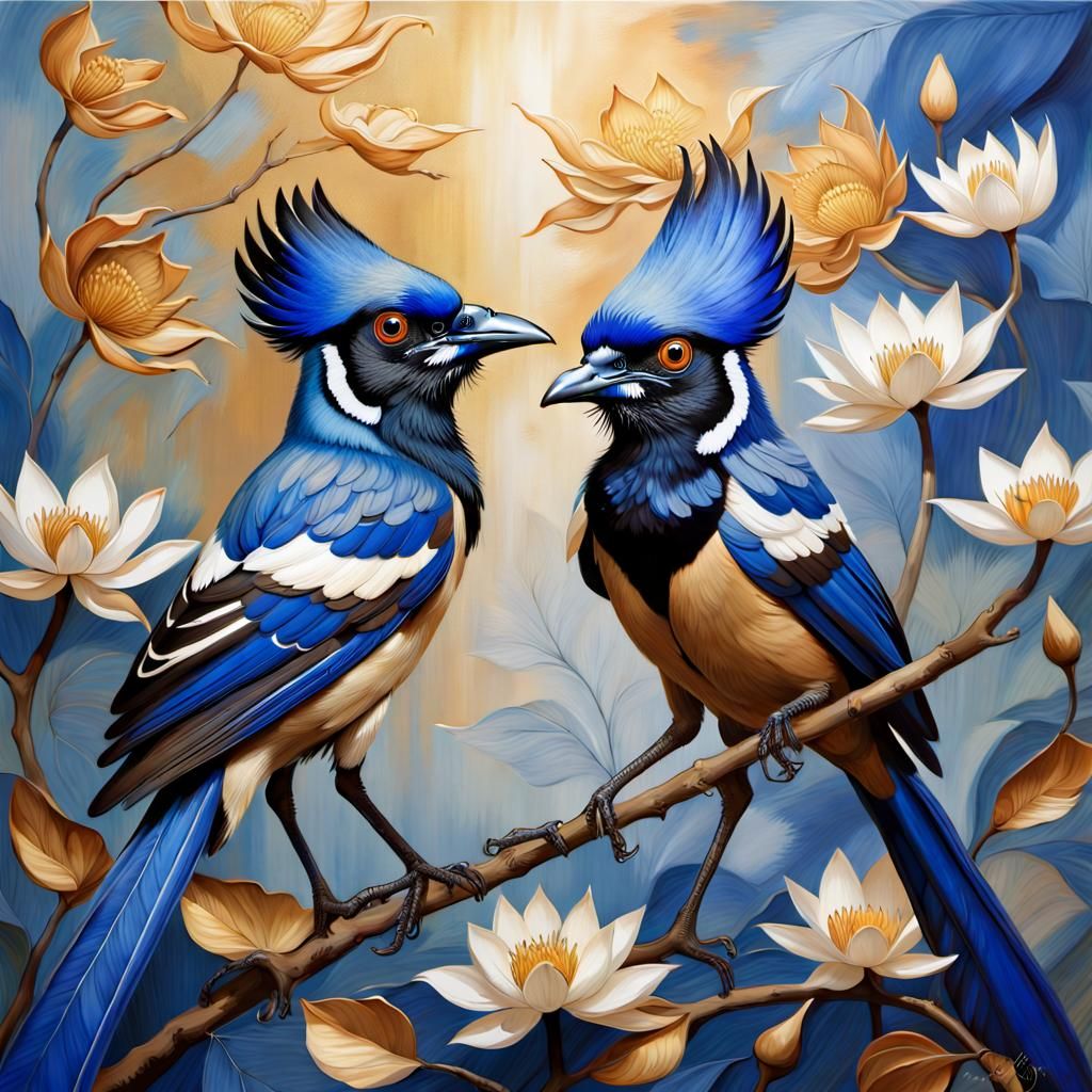 Blue Magpies Mating Pair with Lotus Flowers, Splash Art