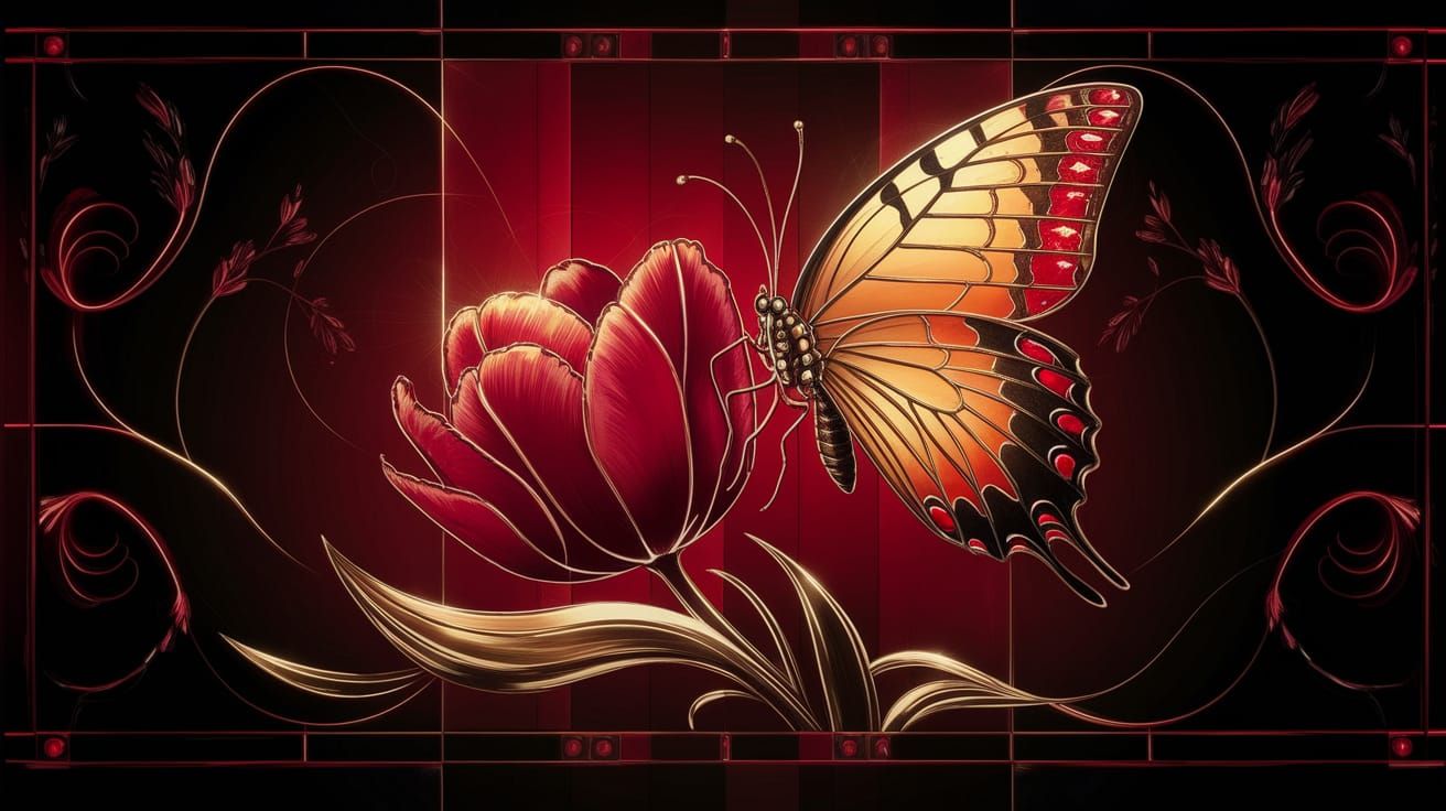 Gold Stained Glass Butterfly on Tulip Silhouette