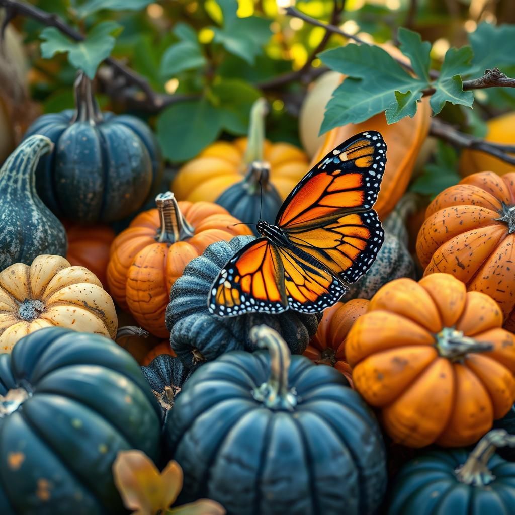 Gourds and Monarch Butterfly in Photorealistic Style