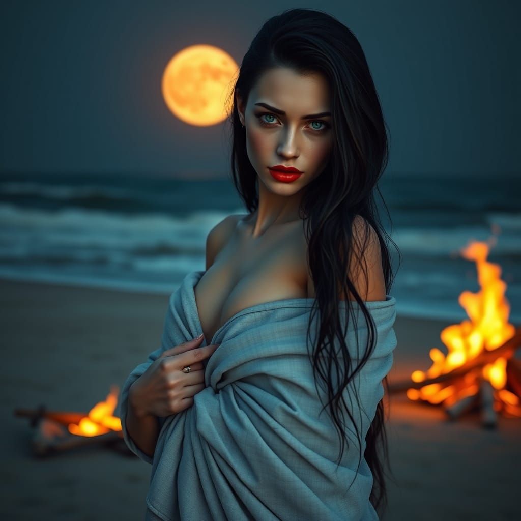 Vampire Queen on Beach at Summer's Night