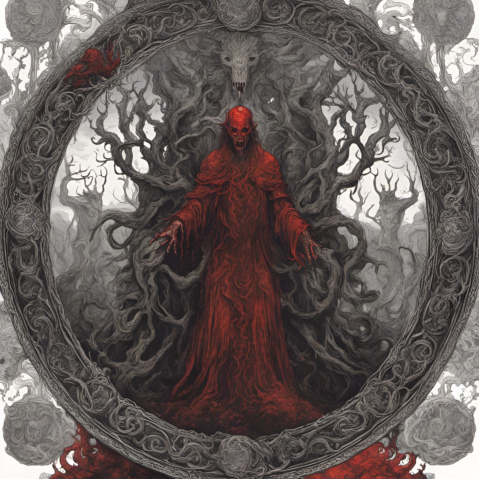 Red Mist Hellscape with Celtic Patterns in Black Metal Style