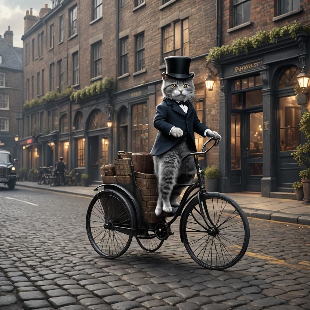 Victorian Kitten Rides Penny Farthing: Detailed Matte Painti...