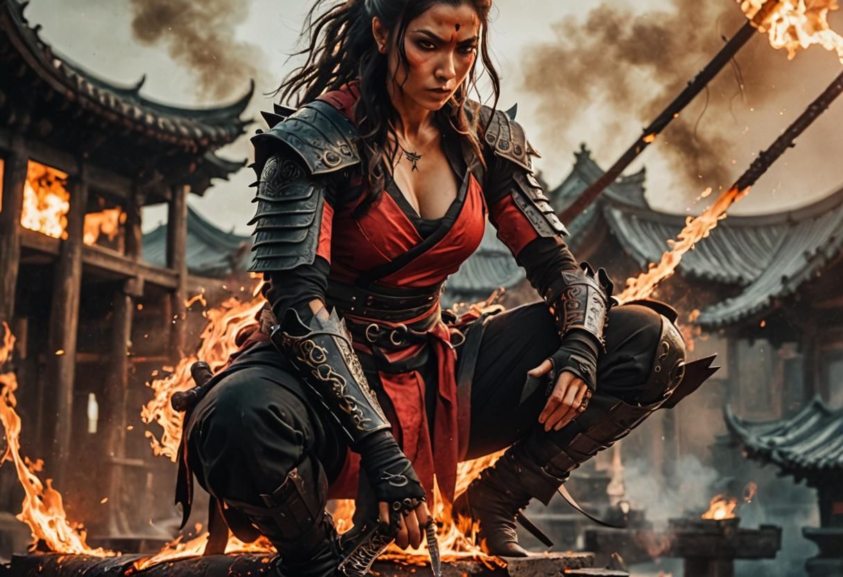Ninja Woman on Burning Temple Roof: Cinematic Still
